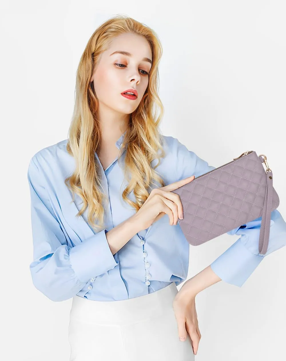Quilted Wristlet Purse for Women, Vegan Leather Wristlet Pouch Zip Clutch Bag, Evening Clutch Purse with strap