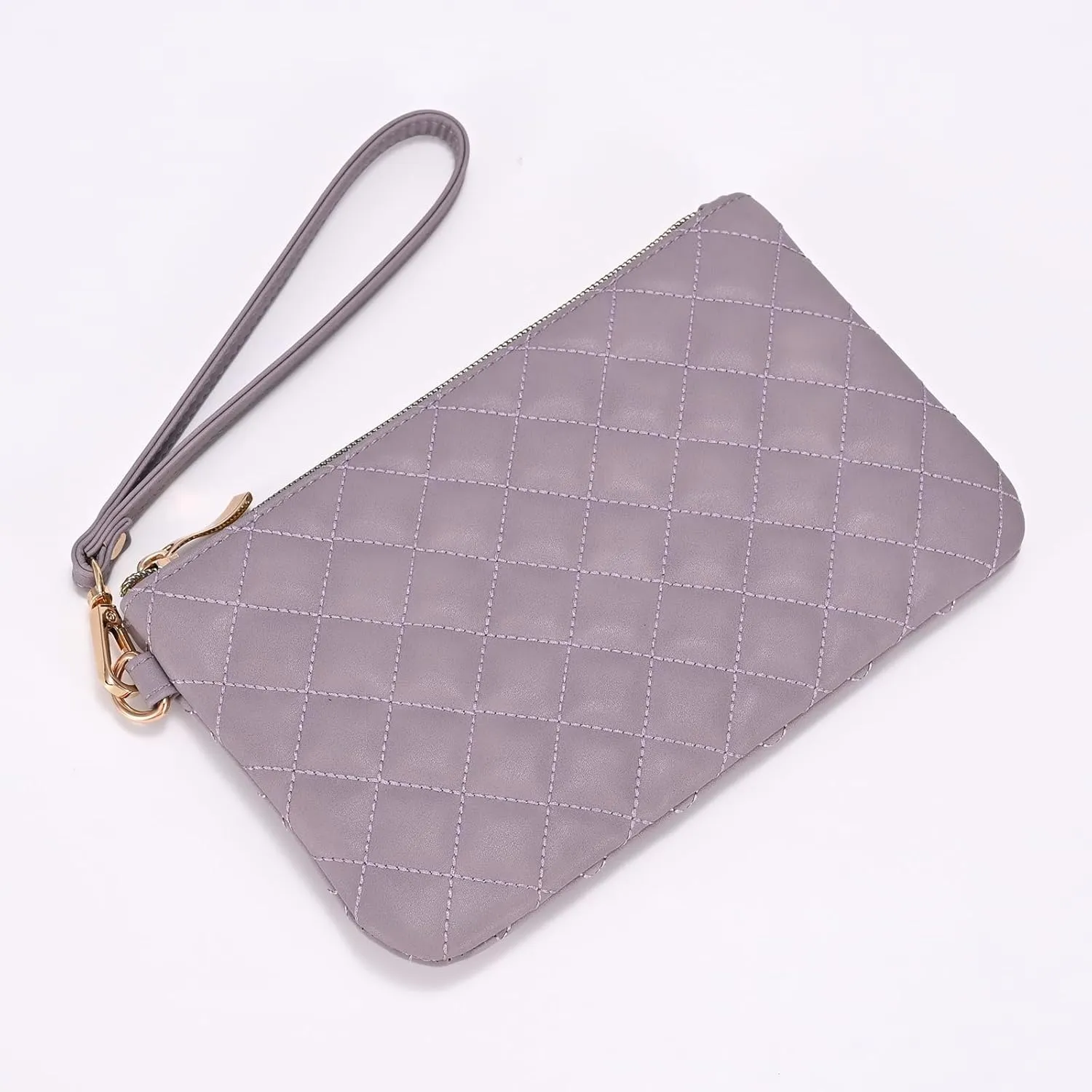 Quilted Wristlet Purse for Women, Vegan Leather Wristlet Pouch Zip Clutch Bag, Evening Clutch Purse with strap