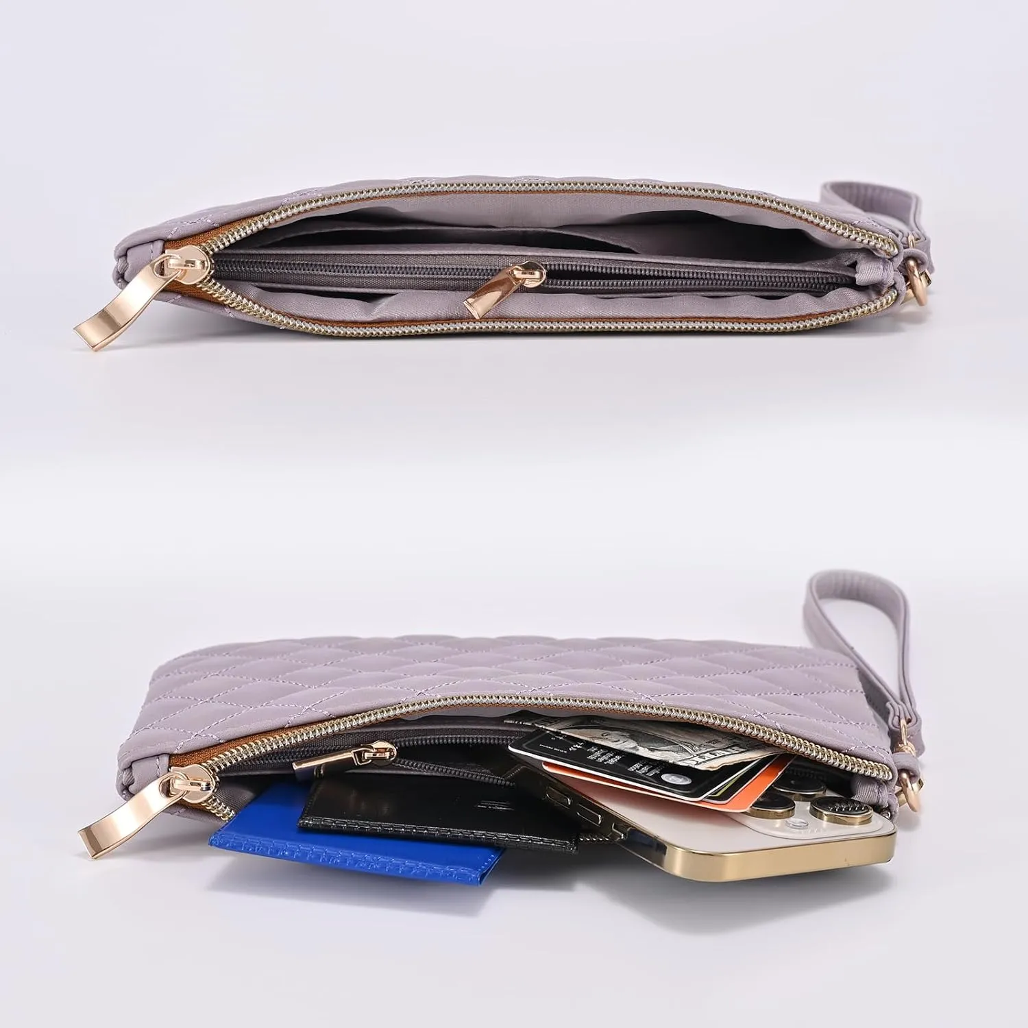 Quilted Wristlet Purse for Women, Vegan Leather Wristlet Pouch Zip Clutch Bag, Evening Clutch Purse with strap