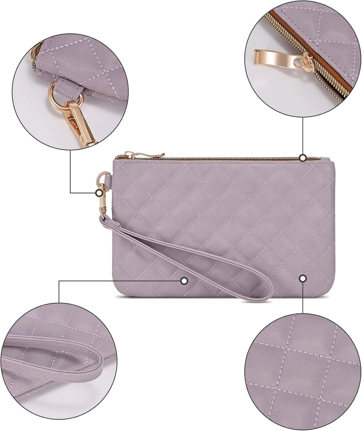 Quilted Wristlet Purse for Women, Vegan Leather Wristlet Pouch Zip Clutch Bag, Evening Clutch Purse with strap