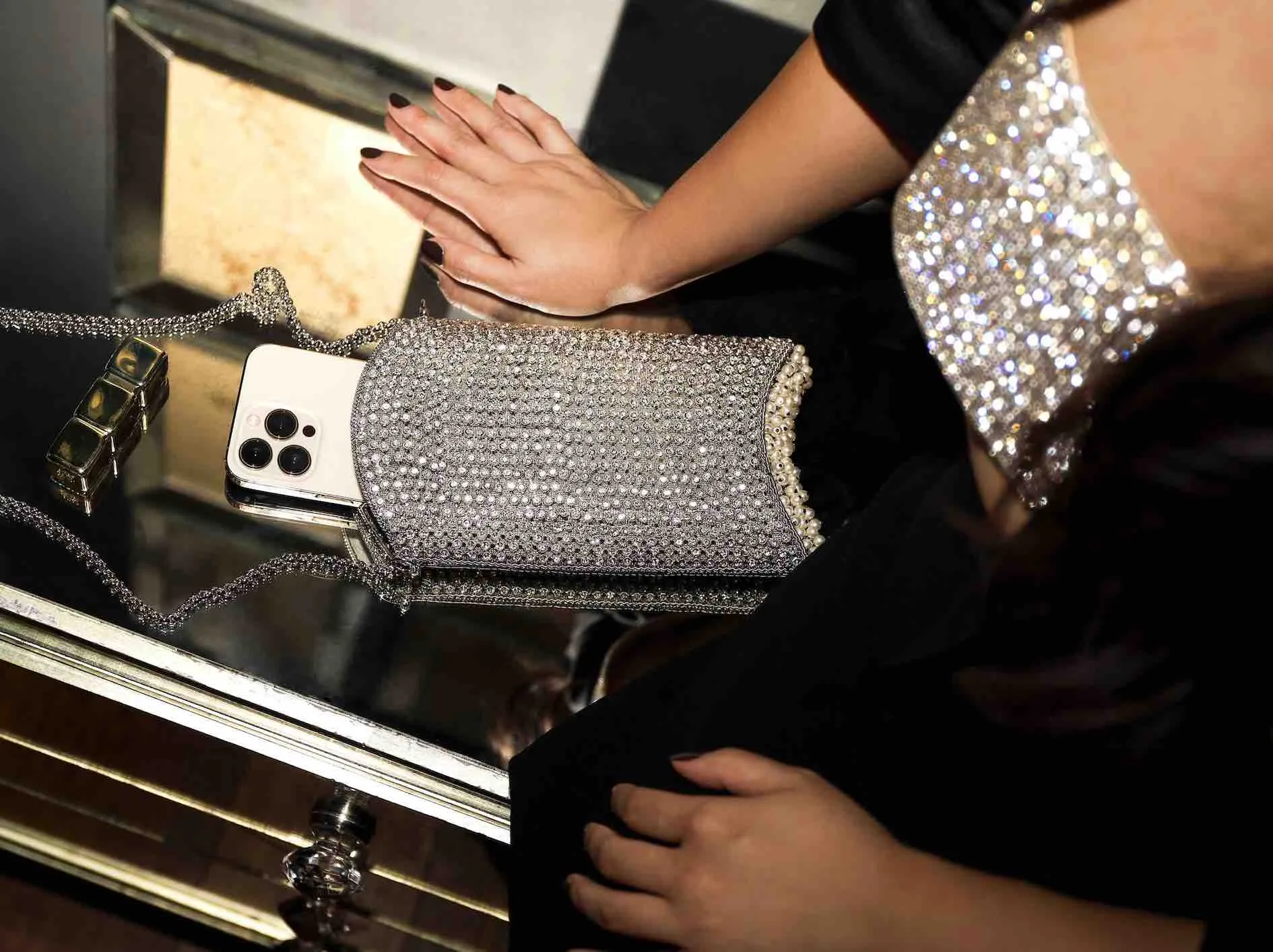 "All That Glitters" | Crystal Pearl Phone Bag | Silver