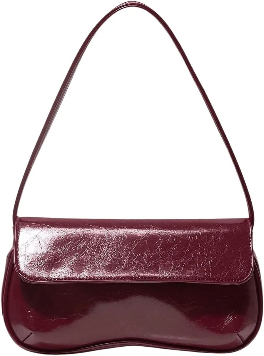 QWINEE Women's Y2K Flap Shoulder Bag PU Leather Handbag Square Underarm Bag Hobo Vintage Clutch Purse Burgundy One Size