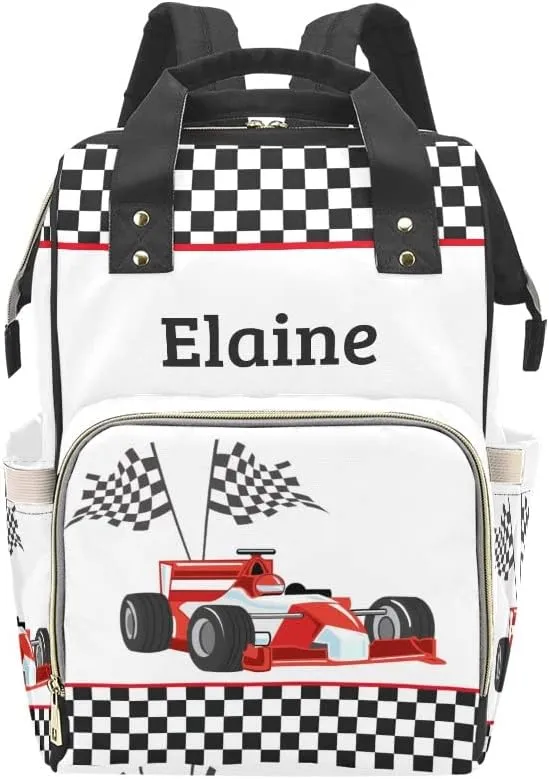 Race Car Plaid Personalized Diaper Backpack Custom Mommy Bag Unisex Travel Daypack for Mom Dad Boy Girl