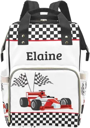 Race Car Plaid Personalized Diaper Backpack Custom Mommy Bag Unisex Travel Daypack for Mom Dad Boy Girl