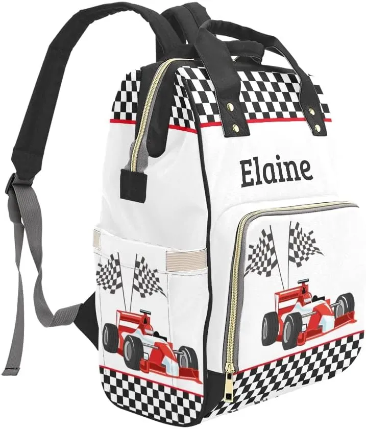 Race Car Plaid Personalized Diaper Backpack Custom Mommy Bag Unisex Travel Daypack for Mom Dad Boy Girl