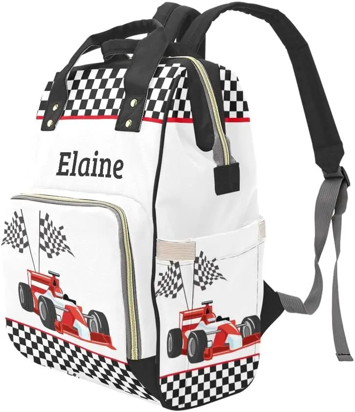 Race Car Plaid Personalized Diaper Backpack Custom Mommy Bag Unisex Travel Daypack for Mom Dad Boy Girl
