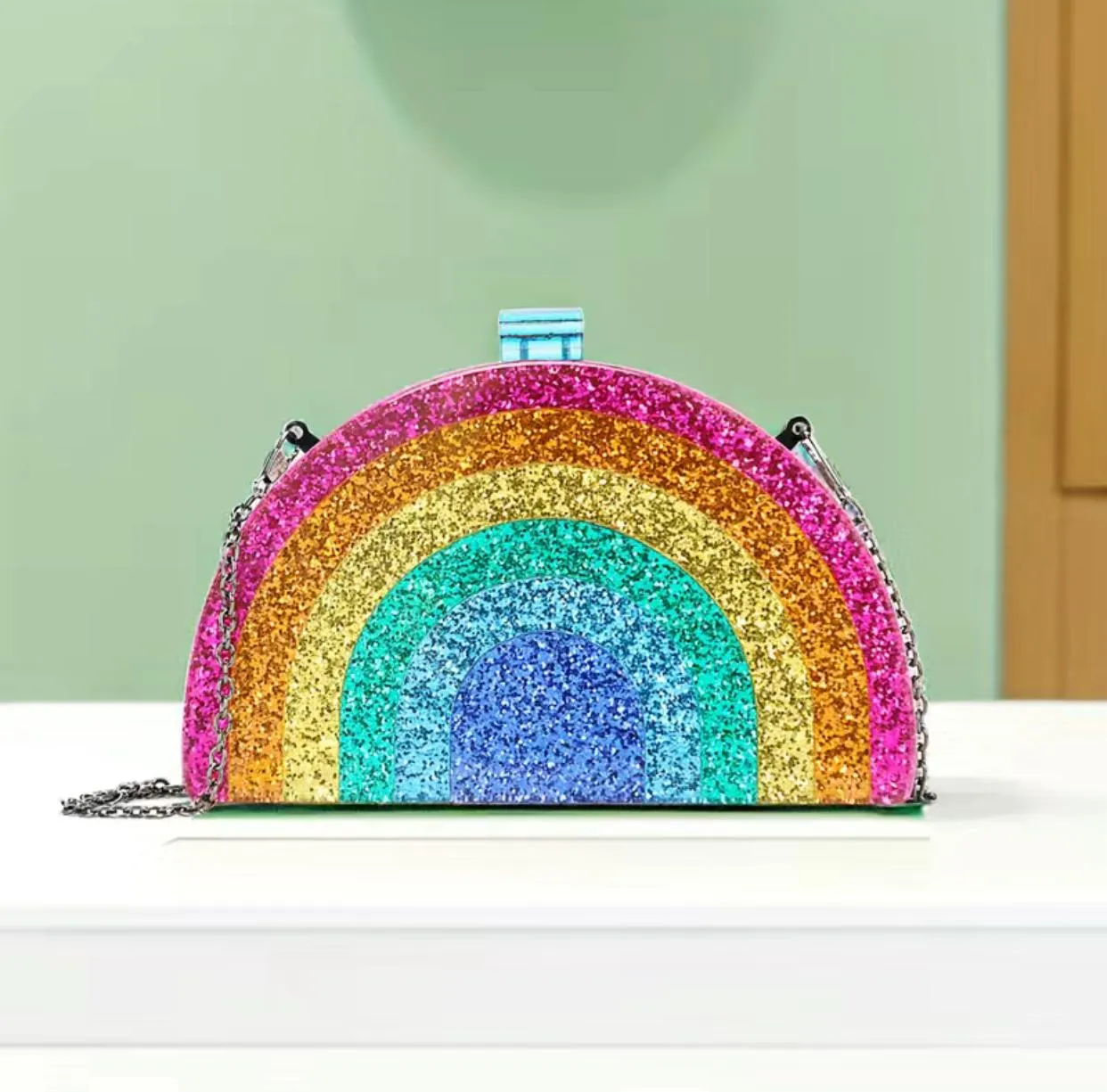 Rainbow Glitter Semicircle Clutch Bag