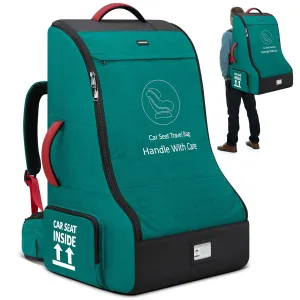 RAINSMORE Padded Car Seat Travel Bag for Airplane Heavy Duty Car Seat Backpack for Air Travel Baby Carseat Cover Bags for Airport Large Car Seats Carrier Fits Car Seats & Booster Seats, Green