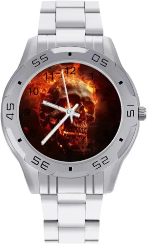 Red Flame Skull Classic Wrist Watches for Men Casual Business Dress Watch with Stainless Steel Band Work Party