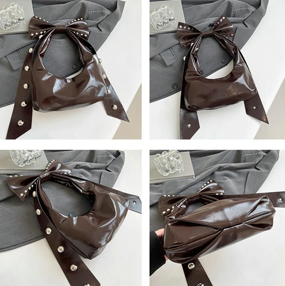 Retro Hobo Bag for Women Y2k Rivet Bow Tie Bag Trendy Handbag Satchel for Party Travel