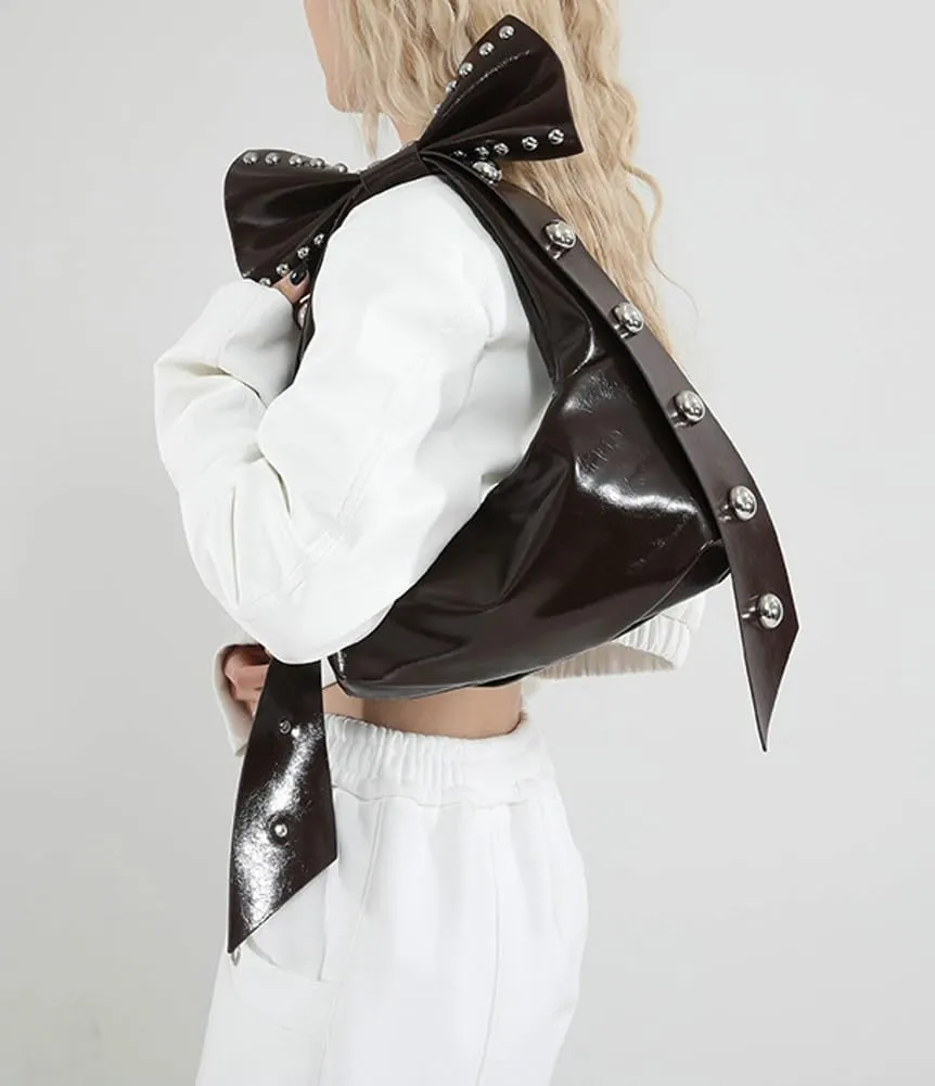 Retro Hobo Bag for Women Y2k Rivet Bow Tie Bag Trendy Handbag Satchel for Party Travel
