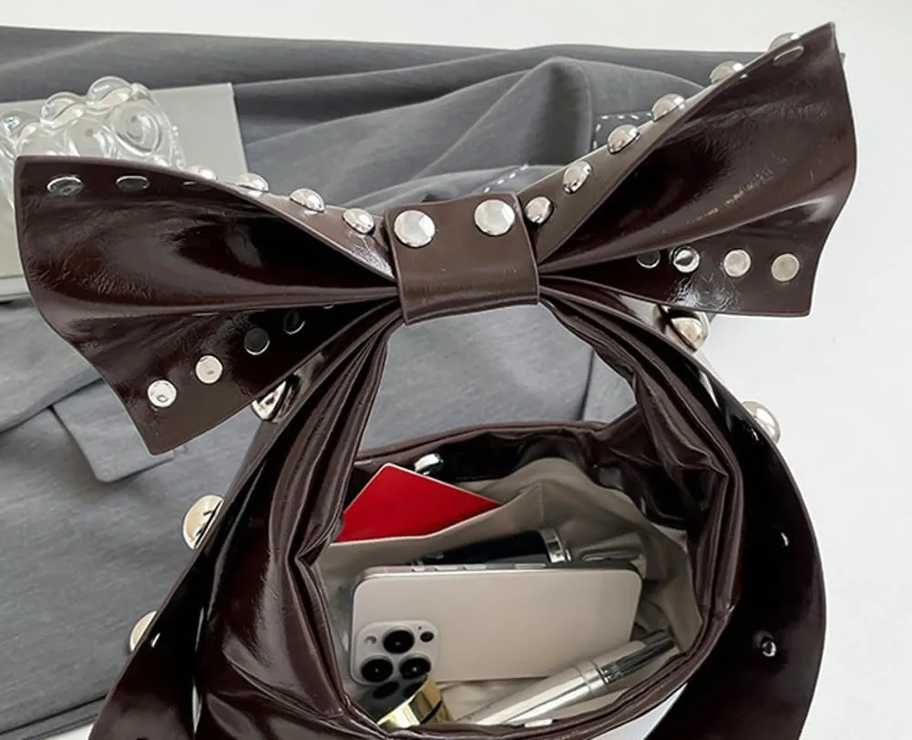 Retro Hobo Bag for Women Y2k Rivet Bow Tie Bag Trendy Handbag Satchel for Party Travel