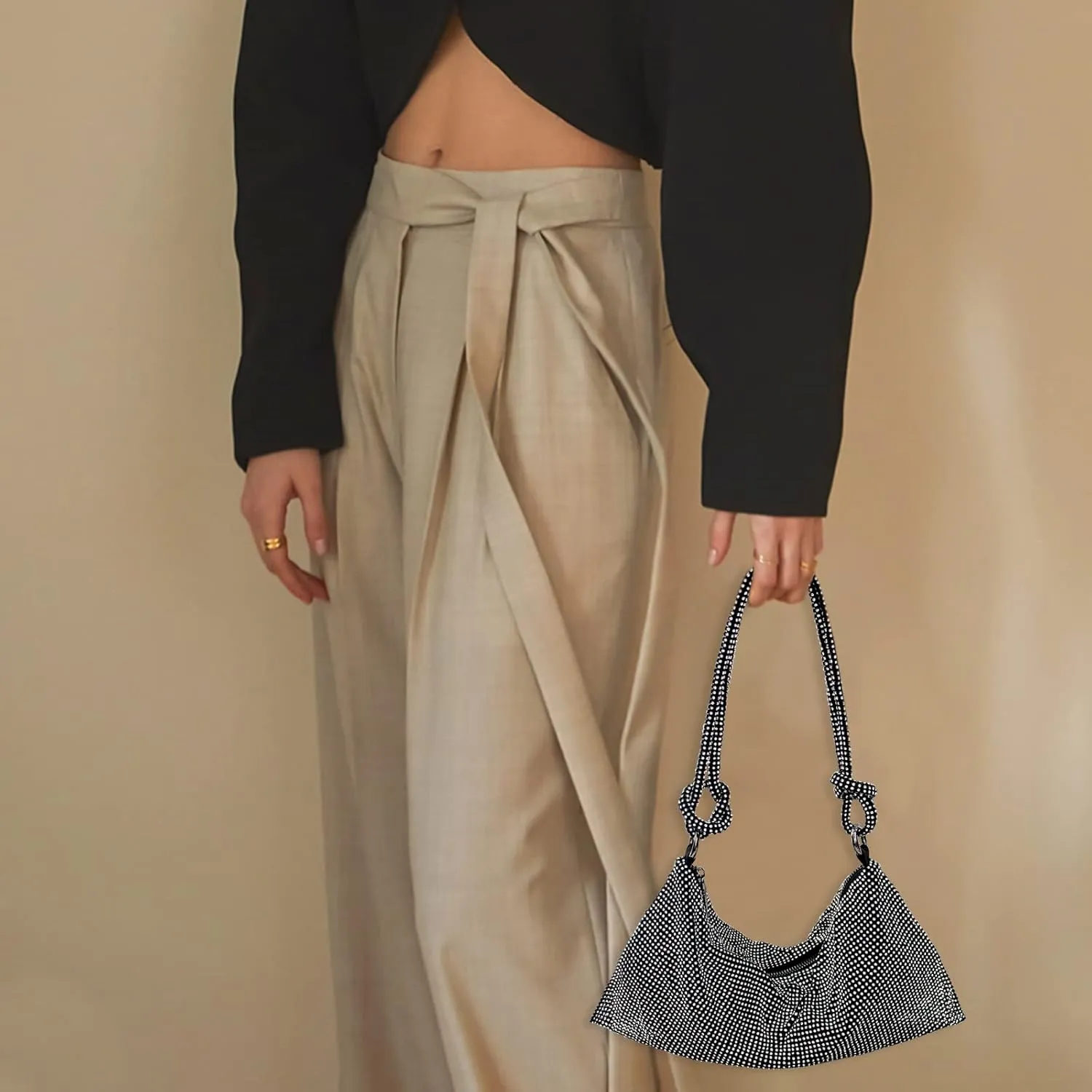 Rhinestone Purse Silver Hobo Purse Sparkly Black Evening Bag for Women Prom Party Wedding