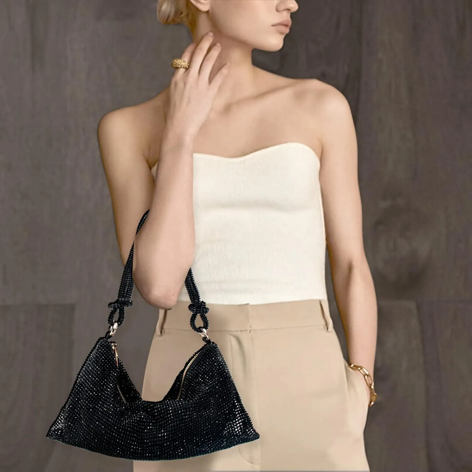 Rhinestone Purse Silver Hobo Purse Sparkly Black Evening Bag for Women Prom Party Wedding