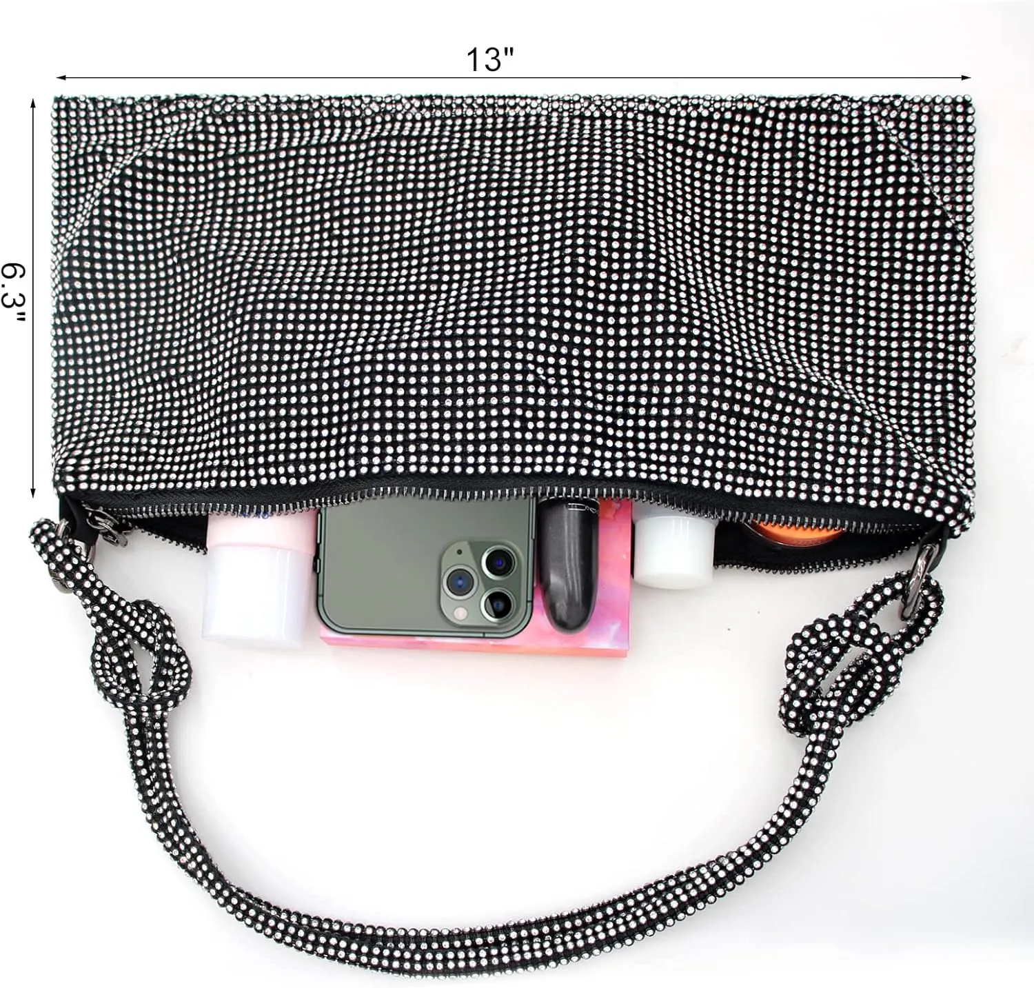 Rhinestone Purse Silver Hobo Purse Sparkly Black Evening Bag for Women Prom Party Wedding