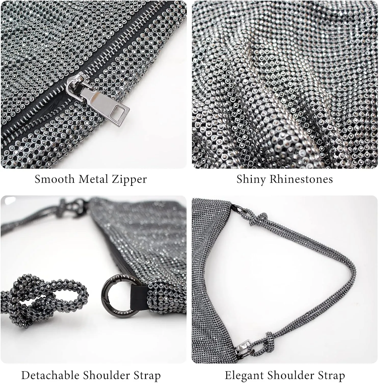 Rhinestone Purse Silver Hobo Purse Sparkly Black Evening Bag for Women Prom Party Wedding