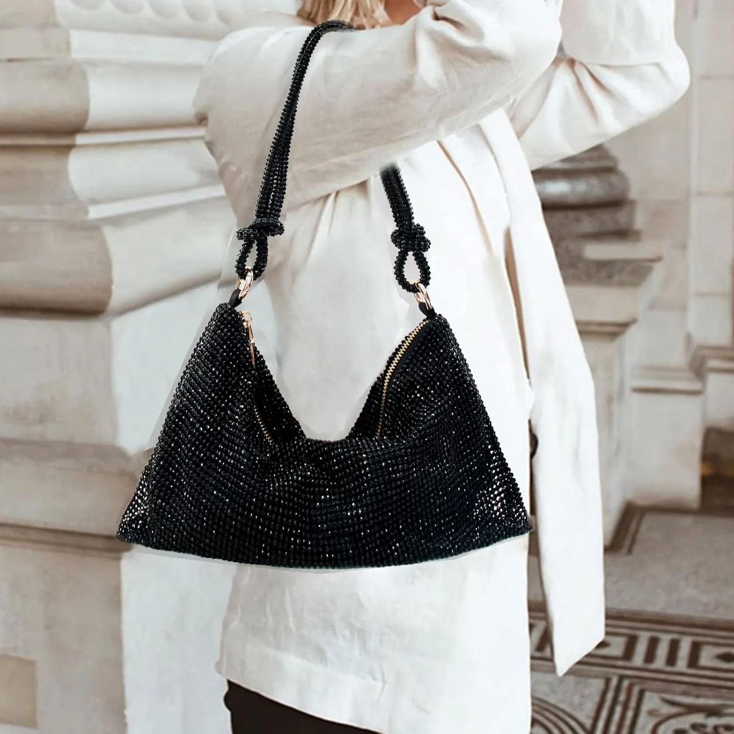 Rhinestone Purse Silver Hobo Purse Sparkly Black Evening Bag for Women Prom Party Wedding