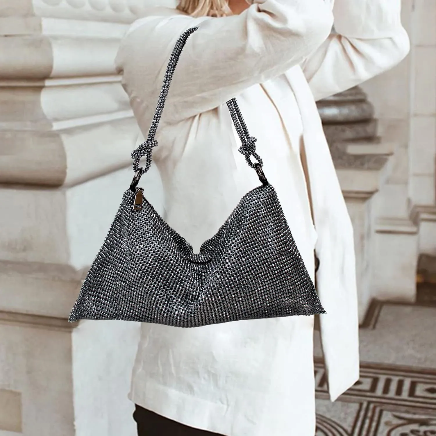 Rhinestone Purse Silver Hobo Purse Sparkly Black Evening Bag for Women Prom Party Wedding