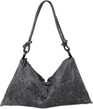Rhinestone Purse Silver Hobo Purse Sparkly Black Evening Bag for Women Prom Party Wedding