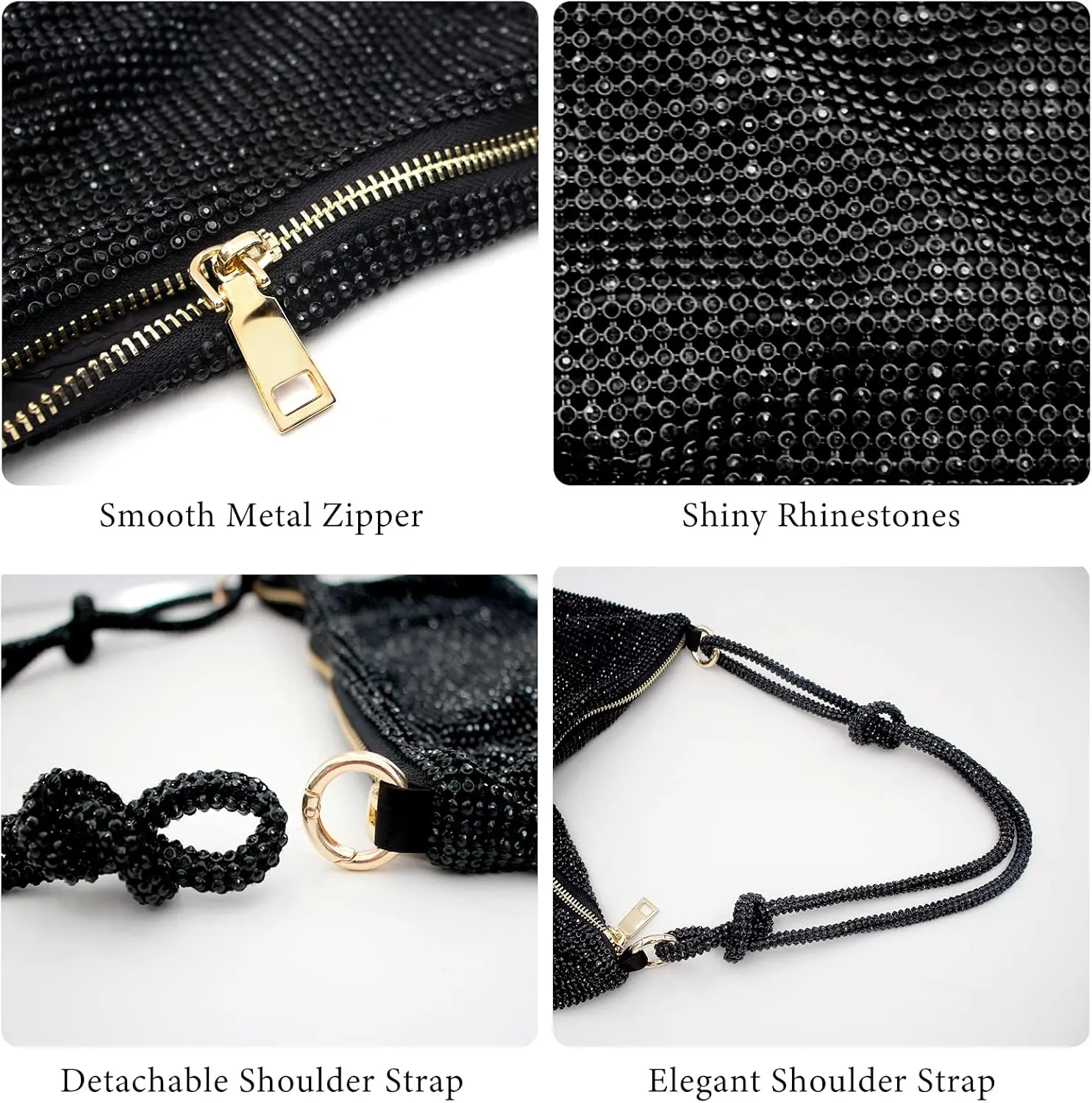 Rhinestone Purse Silver Hobo Purse Sparkly Black Evening Bag for Women Prom Party Wedding