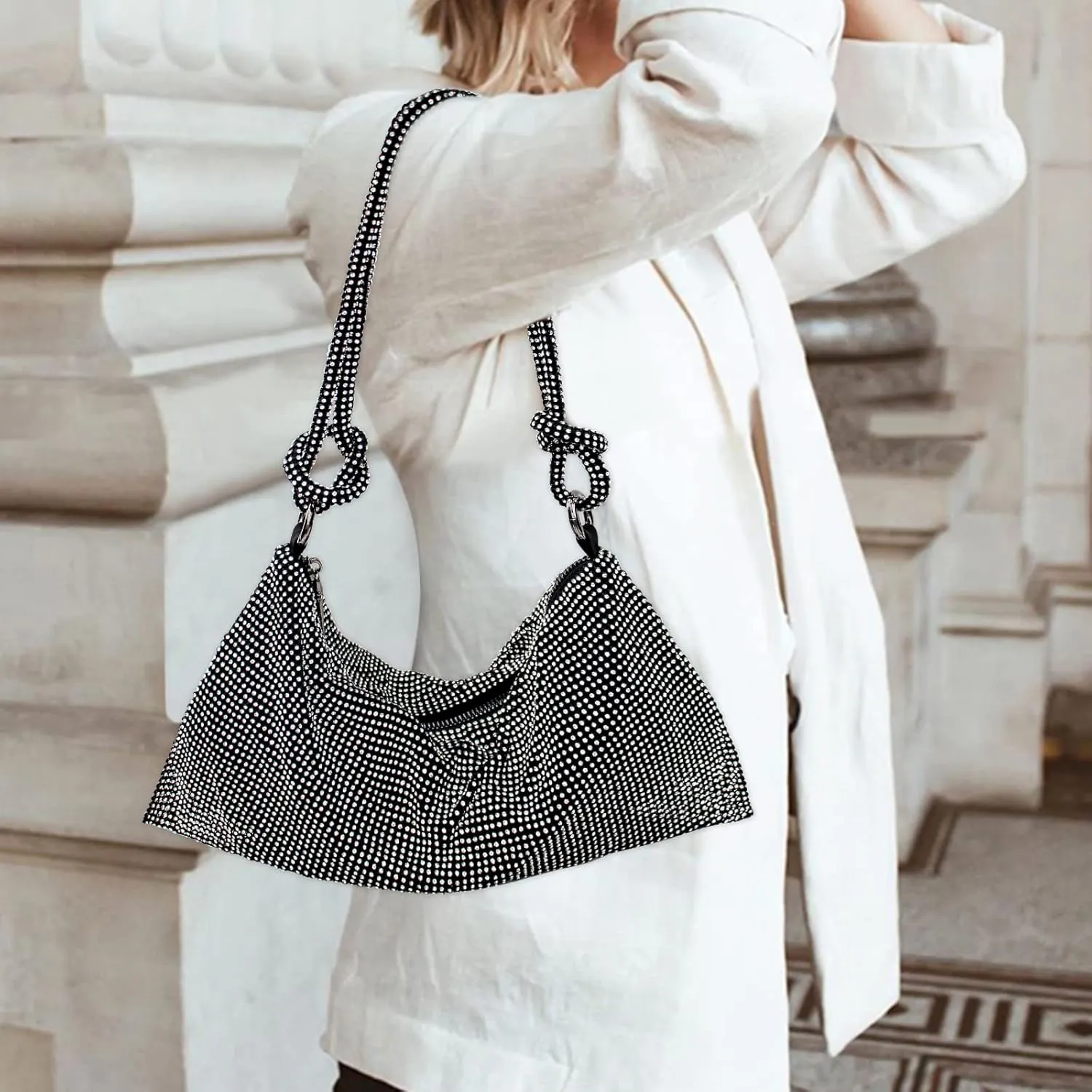 Rhinestone Purse Silver Hobo Purse Sparkly Black Evening Bag for Women Prom Party Wedding