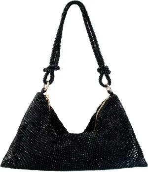 Rhinestone Purse Silver Hobo Purse Sparkly Black Evening Bag for Women Prom Party Wedding
