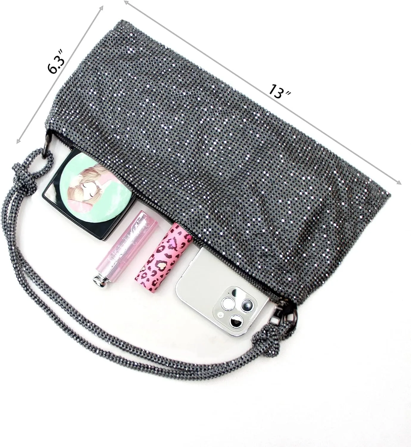 Rhinestone Purse Silver Hobo Purse Sparkly Black Evening Bag for Women Prom Party Wedding