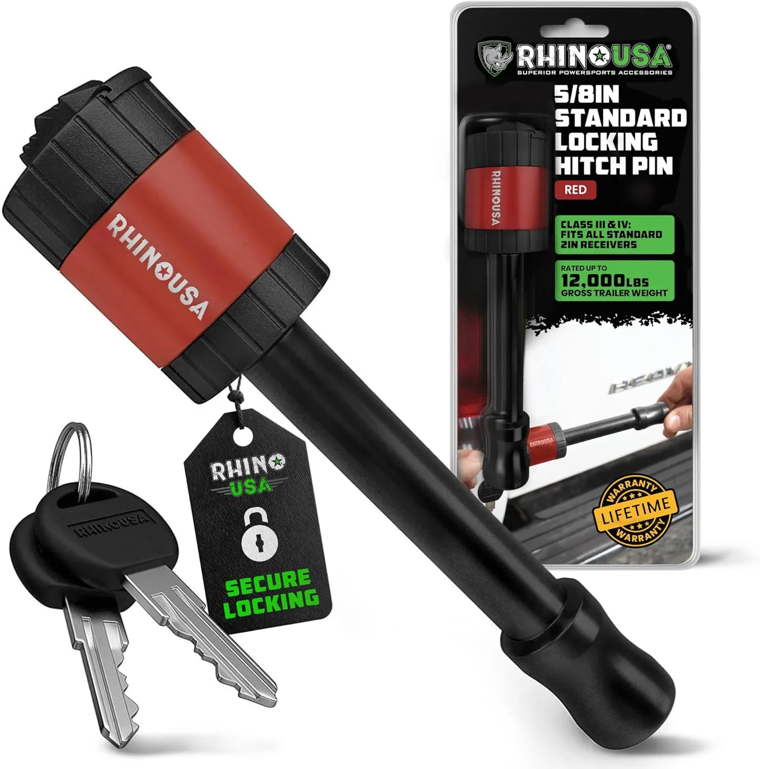 Rhino USA Trailer Hitch Pin (2 Inch) Patented 5/8" Locking Receiver Hitch Pins for Class III IV Hitches - Weatherproof Anti-Theft Lockable Pin with Debris Protection - Used to Tow Truck, etc - Red