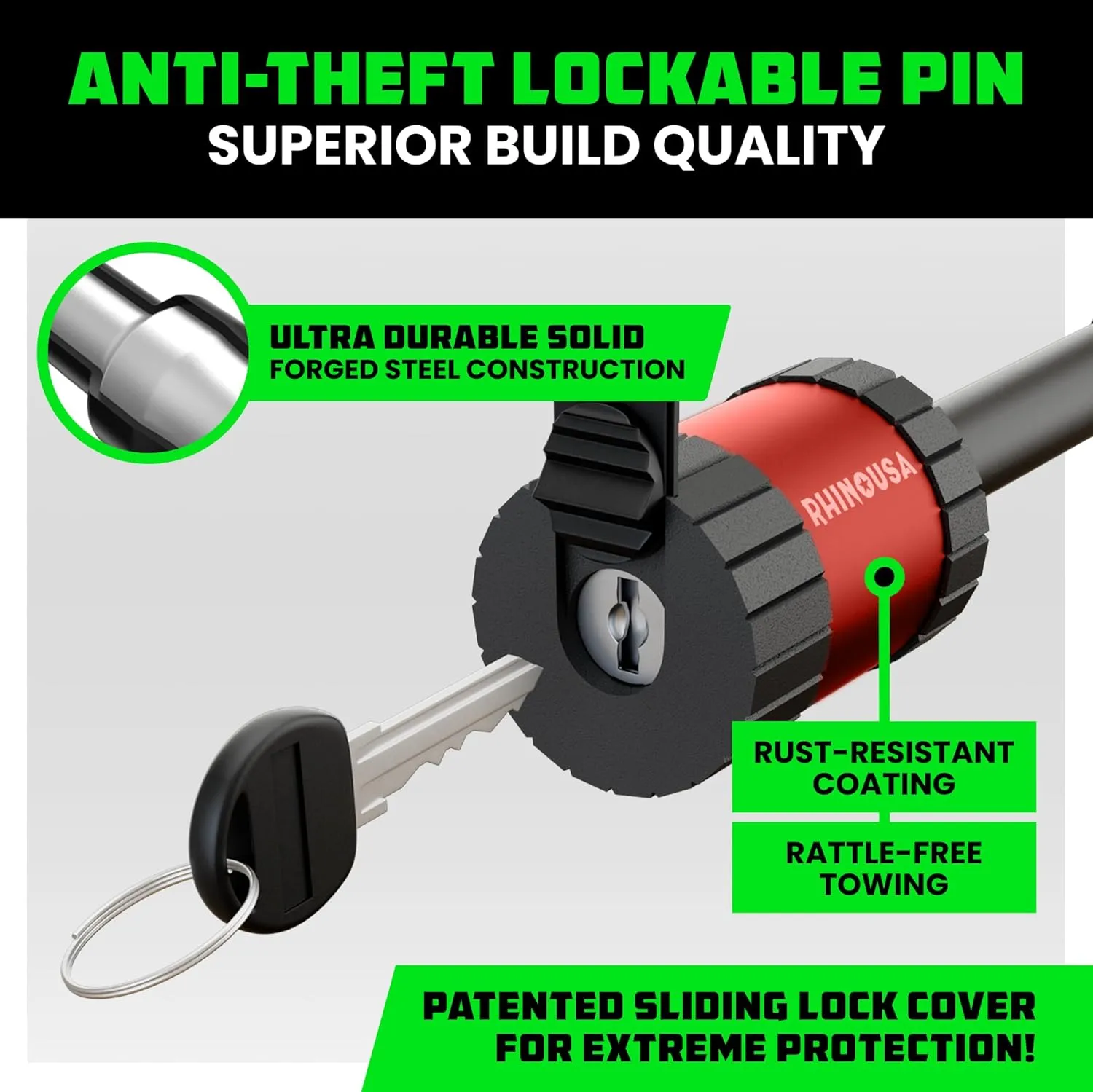 Rhino USA Trailer Hitch Pin (2 Inch) Patented 5/8" Locking Receiver Hitch Pins for Class III IV Hitches - Weatherproof Anti-Theft Lockable Pin with Debris Protection - Used to Tow Truck, etc - Red