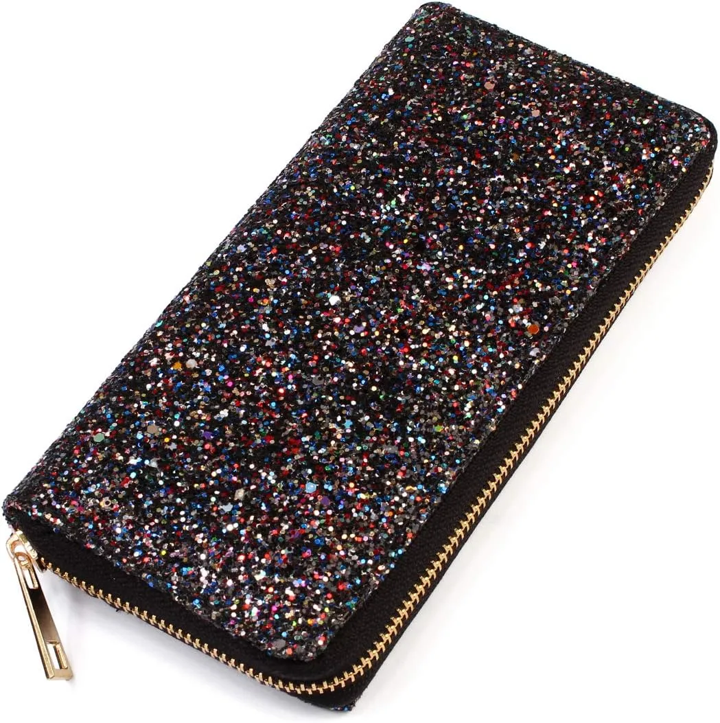 RIAH FASHION Rainbow Glitter Zip Around Wallet - Sparkly Confetti Single Zipper Clutch Purse with Card Slots (Rainbow - Black)