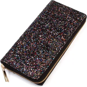 RIAH FASHION Rainbow Glitter Zip Around Wallet - Sparkly Confetti Single Zipper Clutch Purse with Card Slots (Rainbow - Black)