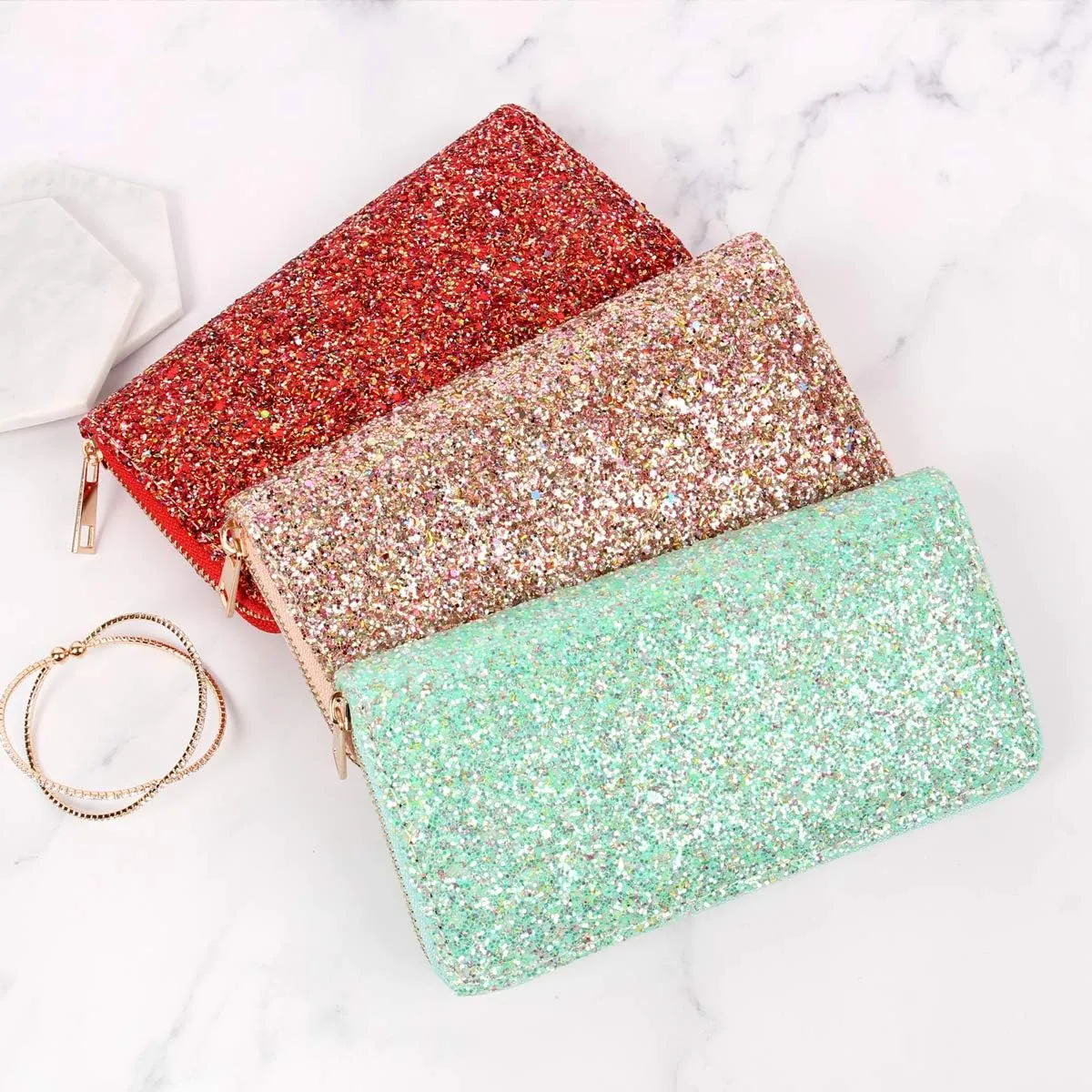 RIAH FASHION Rainbow Glitter Zip Around Wallet - Sparkly Confetti Single Zipper Clutch Purse with Card Slots (Rainbow - Black)