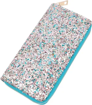 RIAH FASHION Rainbow Glitter Zip Around Wallet - Sparkly Confetti Single Zipper Clutch Purse with Card Slots (Rainbow - Blue)