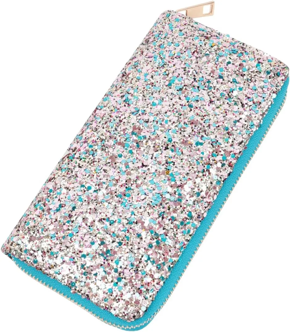 RIAH FASHION Rainbow Glitter Zip Around Wallet - Sparkly Confetti Single Zipper Clutch Purse with Card Slots (Rainbow - Blue)