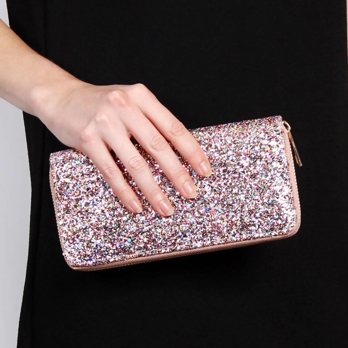 RIAH FASHION Rainbow Glitter Zip Around Wallet - Sparkly Confetti Single Zipper Clutch Purse with Card Slots (Rainbow - Pink)