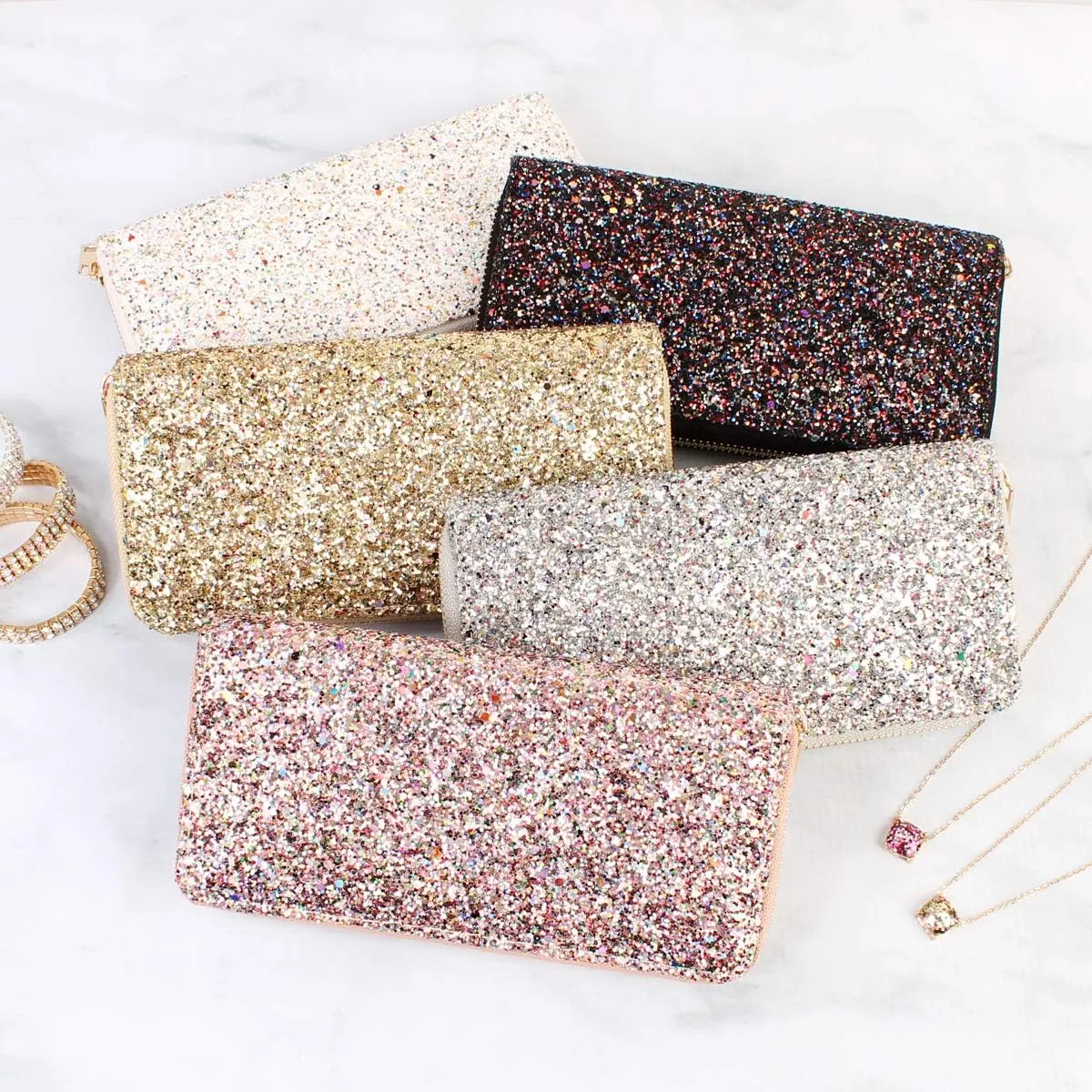 RIAH FASHION Rainbow Glitter Zip Around Wallet - Sparkly Confetti Single Zipper Clutch Purse with Card Slots (Rainbow - Pink)