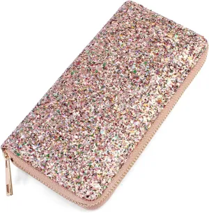 RIAH FASHION Rainbow Glitter Zip Around Wallet - Sparkly Confetti Single Zipper Clutch Purse with Card Slots (Rainbow - Pink)