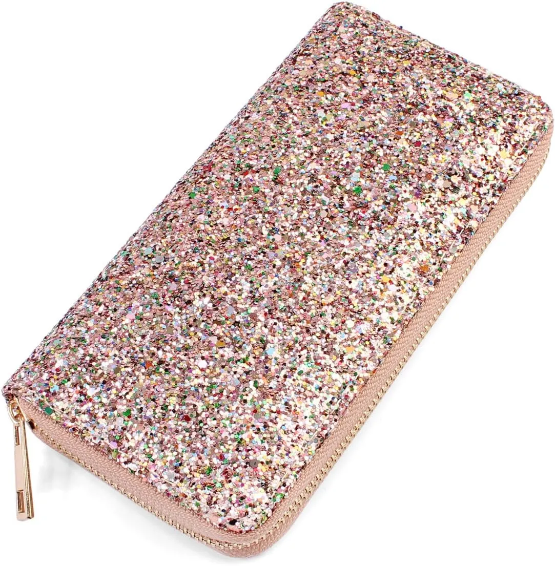 RIAH FASHION Rainbow Glitter Zip Around Wallet - Sparkly Confetti Single Zipper Clutch Purse with Card Slots (Rainbow - Pink)