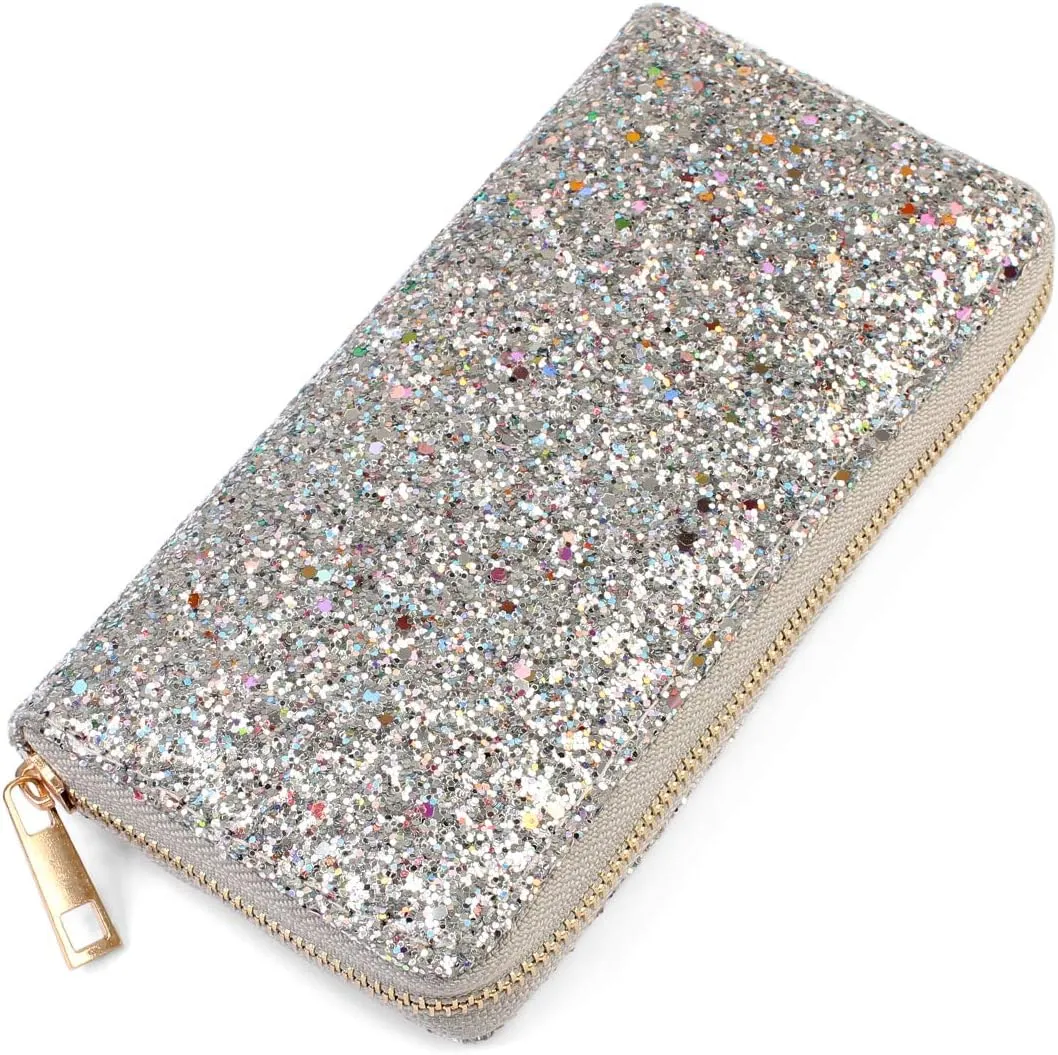 RIAH FASHION Rainbow Glitter Zip Around Wallet - Sparkly Confetti Single Zipper Clutch Purse with Card Slots (Rainbow - Silver)