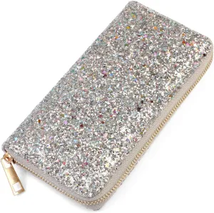 RIAH FASHION Rainbow Glitter Zip Around Wallet - Sparkly Confetti Single Zipper Clutch Purse with Card Slots (Rainbow - Silver)