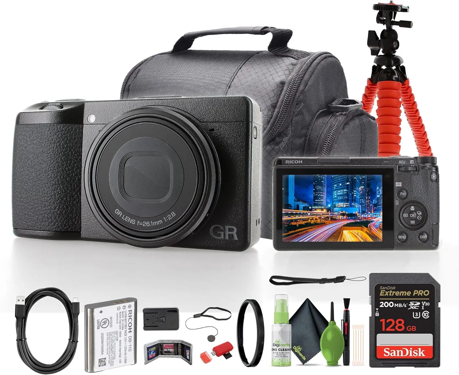 Ricoh GR IIIx HDF Compact Portable Digital Camera (01283)   64GB Memory Card   Camera Bag   Flexible Tripod   Cleaning Kit   Card Wallet   Card Reader   Lens Cap