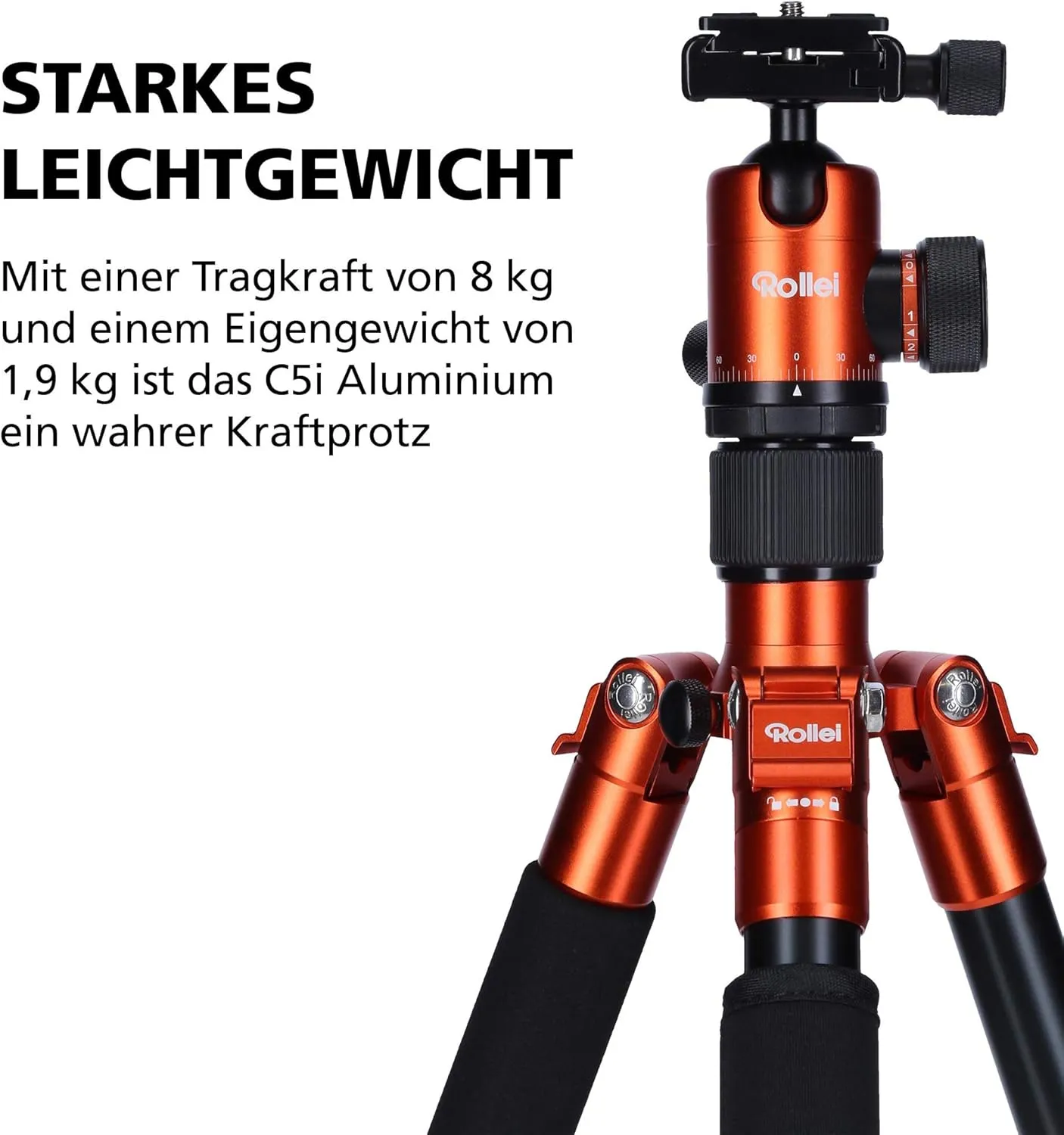 Rollei C5i - Aluminum Tripod with Panoramic Ball Head - Arca Swiss Compatible - Max. Load 8 kg - Orange
