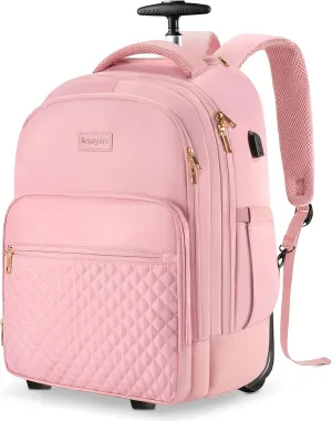 Rolling Backpack Carry On Luggage For Adults With Wheels, 40L Wheeled Backpack For Women, Travel Roller Backpack, Rolling Bag, Pink