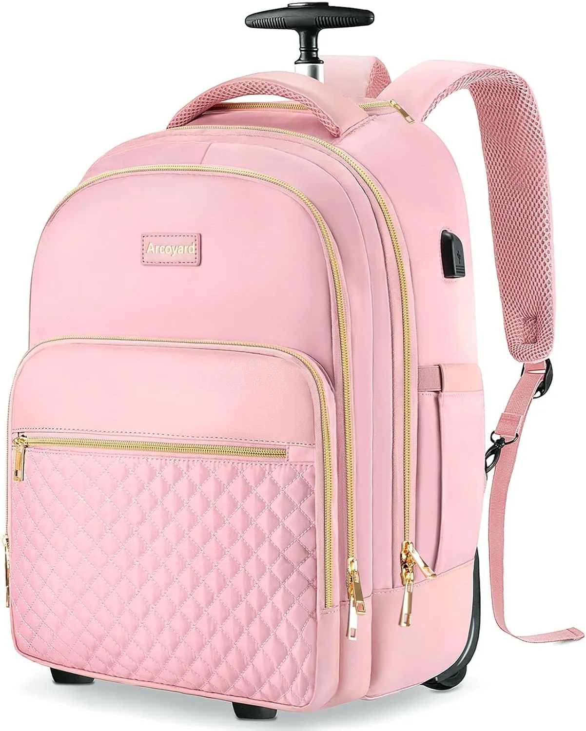 Rolling Backpack Carry On Luggage For Adults With Wheels, 40L Wheeled Backpack For Women, Travel Roller Bag, Pink Gold, Large