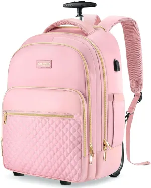 Rolling Backpack Carry On Luggage For Adults With Wheels, 40L Wheeled Backpack For Women, Travel Roller Bag, Pink Gold, Large