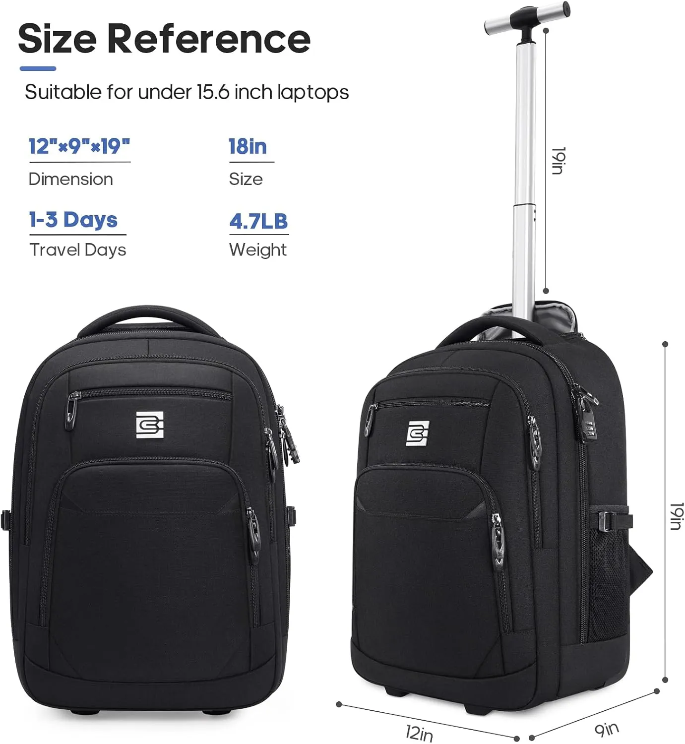 Rolling Backpack,16inch Wheeled Laptop Backpack, Carry on Underseat Bag with Wheels, Overnight Weekender Small Travel Suitcase for Men Women