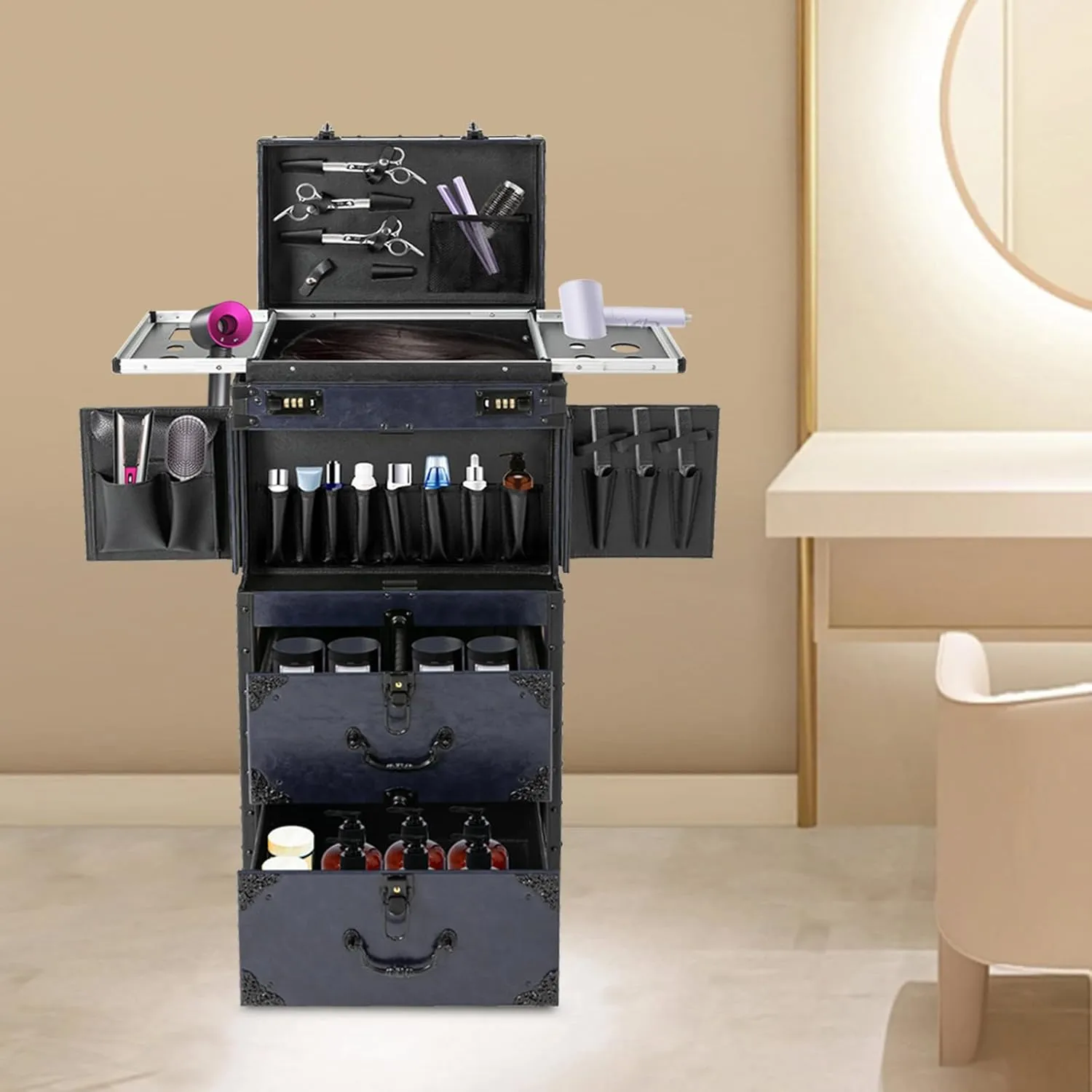 Rolling Lockable Makeup Train Case 4 Tier Rolling Makeup Train Case Beauty Salon Luggage Beauty Salon Cosmetic Travel Case Travel Organizer Tool Box with Hair Dryer Holder/Locks/4 Wheels (Blue)