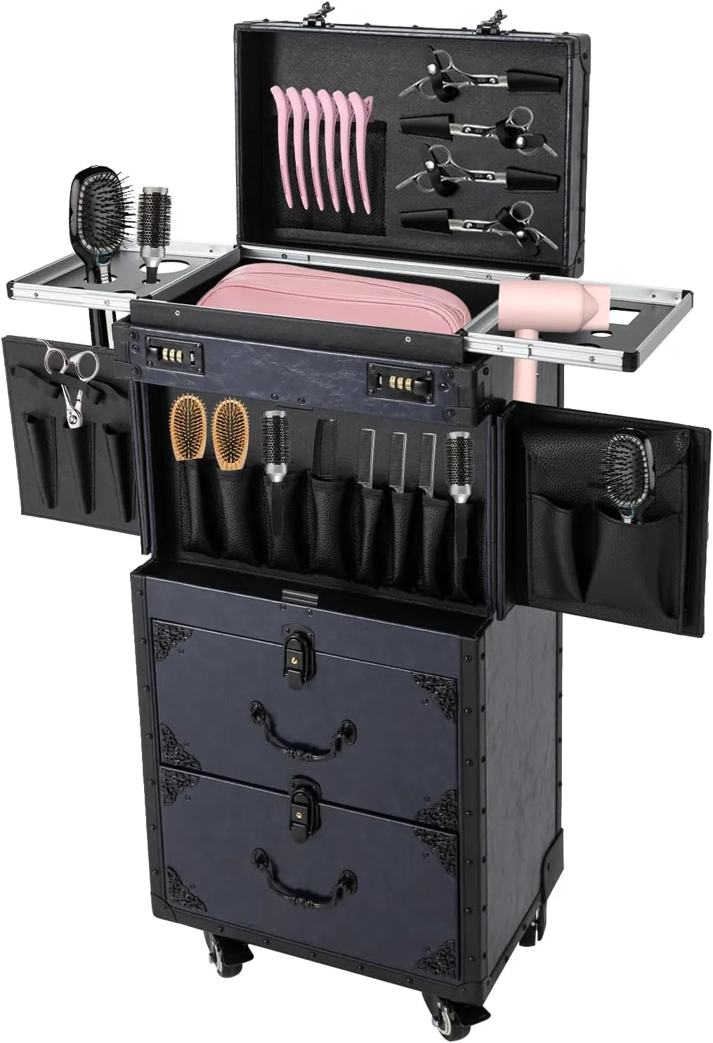Rolling Lockable Makeup Train Case 4 Tier Rolling Makeup Train Case Beauty Salon Luggage Beauty Salon Cosmetic Travel Case Travel Organizer Tool Box with Hair Dryer Holder/Locks/4 Wheels (Blue)