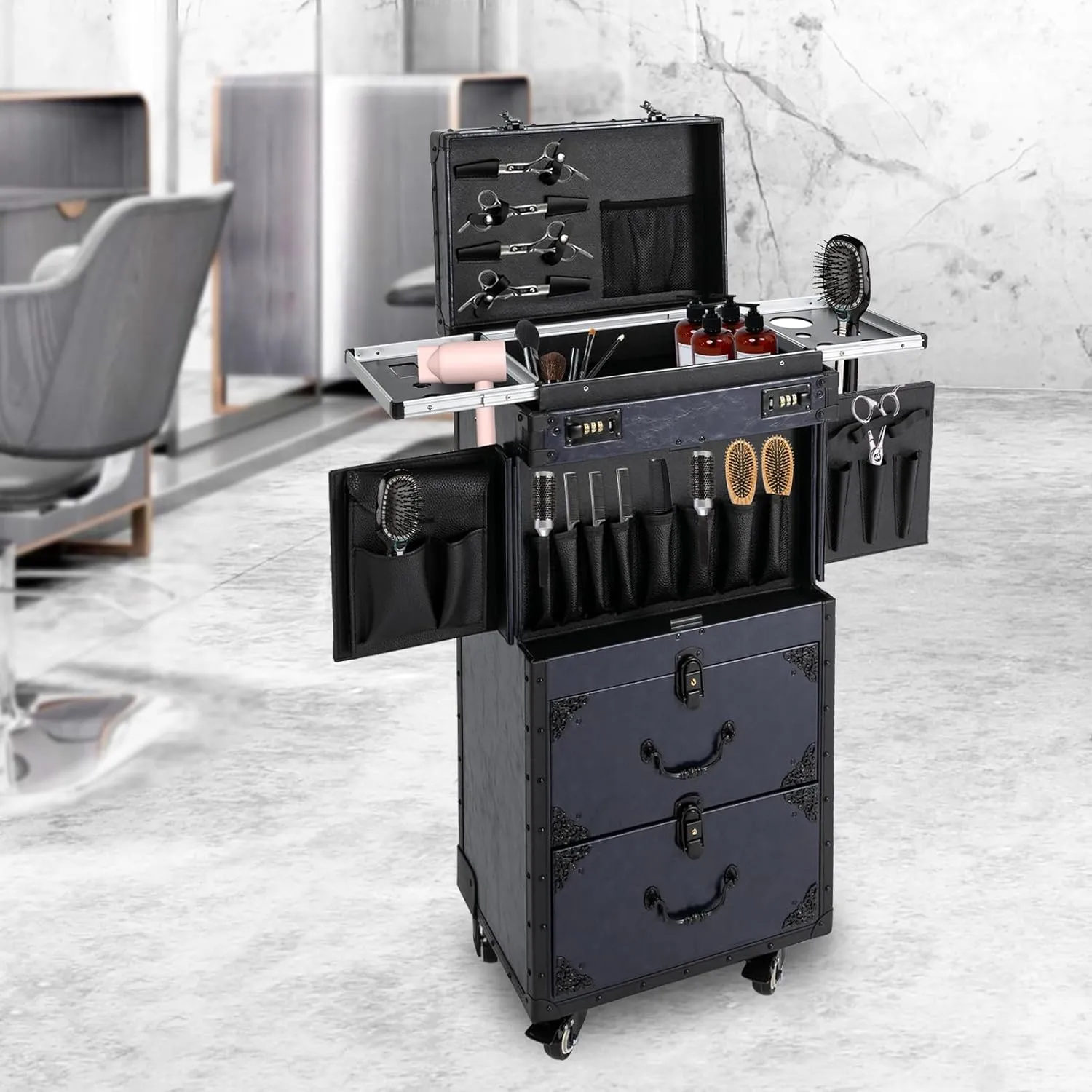 Rolling Lockable Makeup Train Case 4 Tier Rolling Makeup Train Case Beauty Salon Luggage Beauty Salon Cosmetic Travel Case Travel Organizer Tool Box with Hair Dryer Holder/Locks/4 Wheels (Blue)
