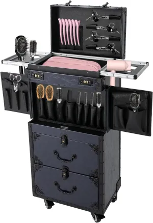 Rolling Lockable Makeup Train Case 4 Tier Rolling Makeup Train Case Beauty Salon Luggage Beauty Salon Cosmetic Travel Case Travel Organizer Tool Box with Hair Dryer Holder/Locks/4 Wheels (Blue)
